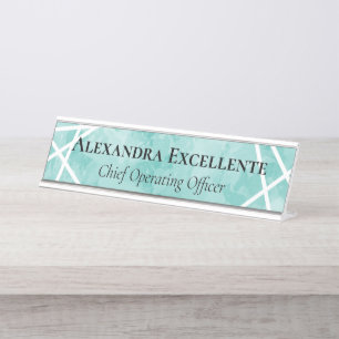 Teal Watercolor Geometric Modern Custom Womens Desk Name Plate