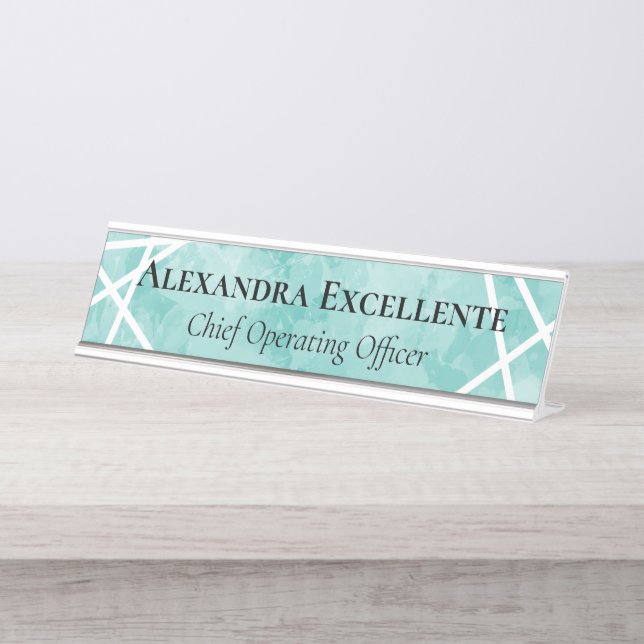 Teal Watercolor Geometric Modern Custom Womens Desk Name Plate (Front)
