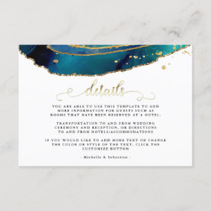 Teal Watercolor Gold Agate Wedding Details Card