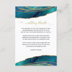 Teal Watercolor Gold Agate Wedding Details Card