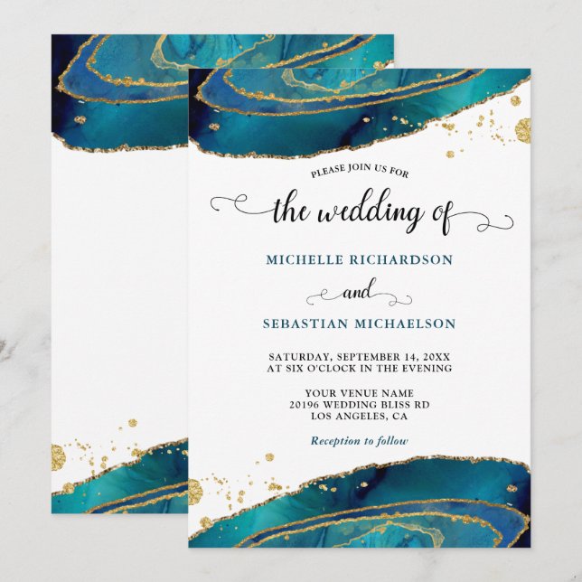 Teal Watercolor Gold Agate Wedding Invitation (Front/Back)