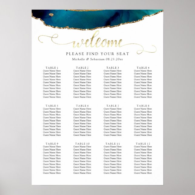 Teal Watercolor Gold Agate Wedding Seating Chart (Front)