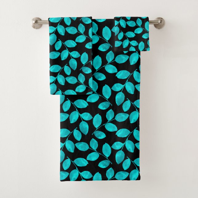 Teal Watercolor Leaves Pattern  Bath Towel Set (Insitu)