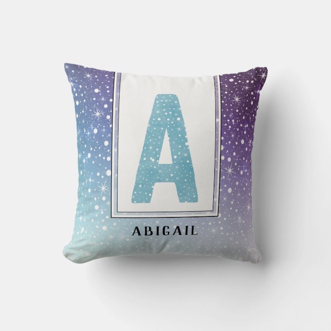Teal Watercolor Monogram Galaxy Purple Snowflakes Throw Pillow (Front)