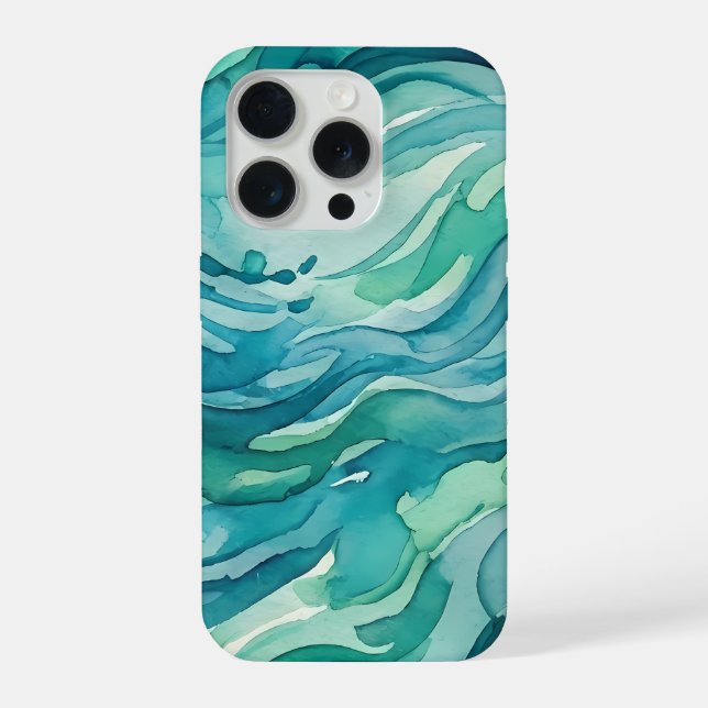 Teal Watercolor Ocean Waves iPhone Case (Back)