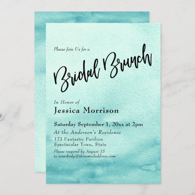 Teal Watercolor Ombre Bridal Brunch Invitation (Front/Back)
