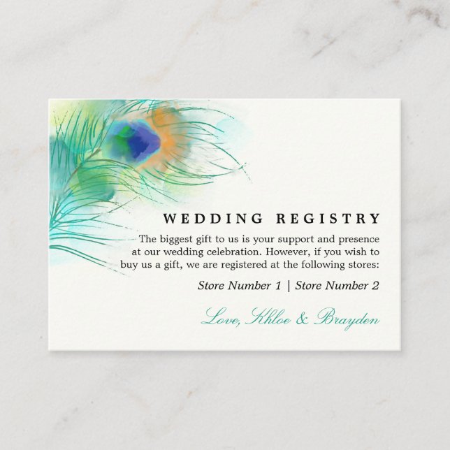 Teal Watercolor Peacock | Wedding Gift Registry Enclosure Card (Front)