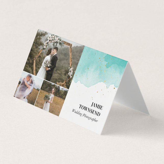 Teal Watercolor Photo Collage Photographer Business Card (Front)