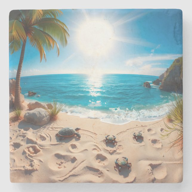 Teal Watercolor Sea Turtle Coastal Zen Stone Coaster (Front)