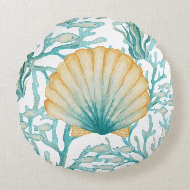Teal Watercolor SeaShell Round Pillow (Front)