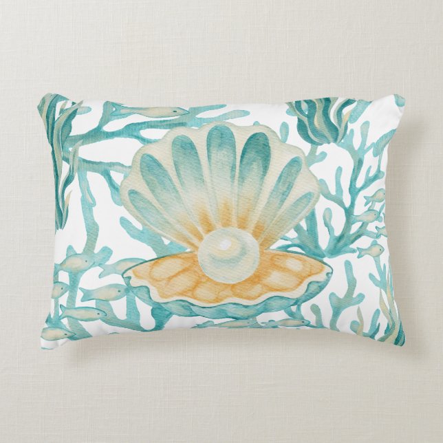 Teal Watercolor Shell Pearl Accent Pillow (Front)