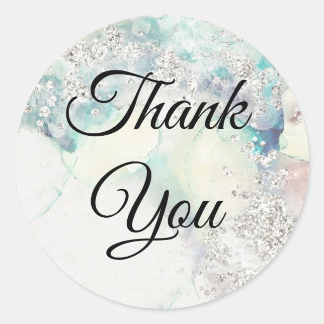 Teal watercolor silver glitter classic round sticker (Front)