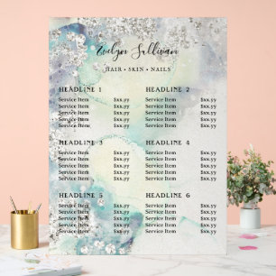 Teal Watercolor Silver Glitter Price List Acrylic Sign