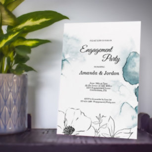 Teal Watercolor Sketch Engagement Party Invitation