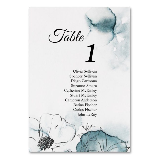 Teal Watercolor Sketch Table Numbers with Guests (Front)