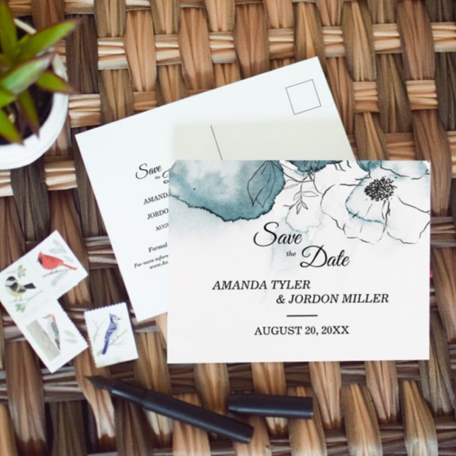 Teal Watercolor Sketch Wedding Save the Date Announcement Postcard (Creator Uploaded)
