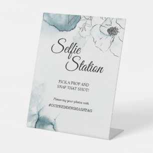 Teal Watercolor Sketch Wedding Selfie Station Pedestal Sign