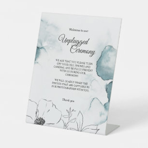 Teal Watercolor Sketch Wedding Unplugged Ceremony Pedestal Sign