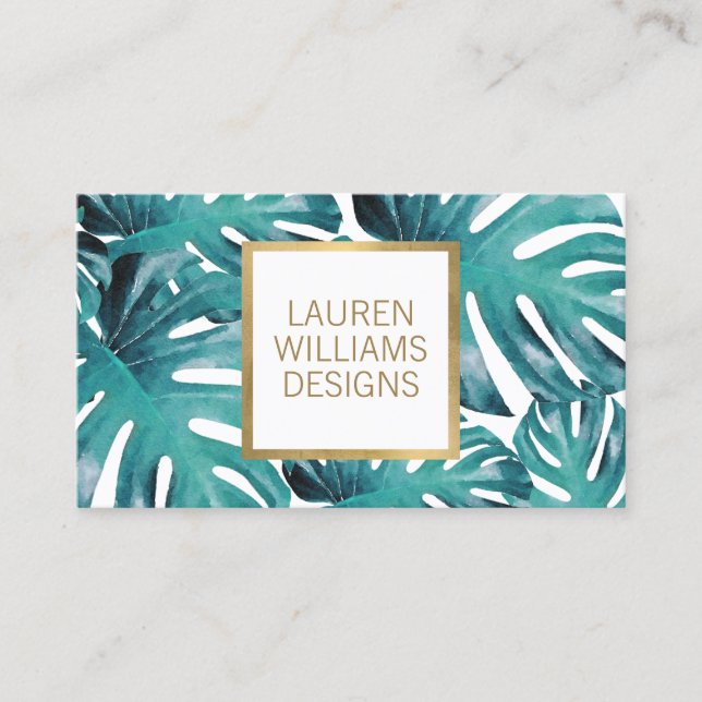 Teal Watercolor Tropical Monstera Pattern Business Card (Front)