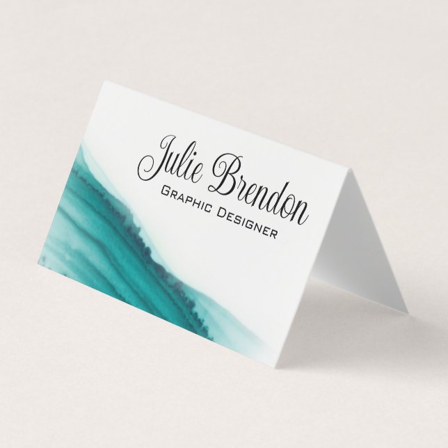 Teal Watercolour Elegant Modern Custom Foldable Business Card (Front)