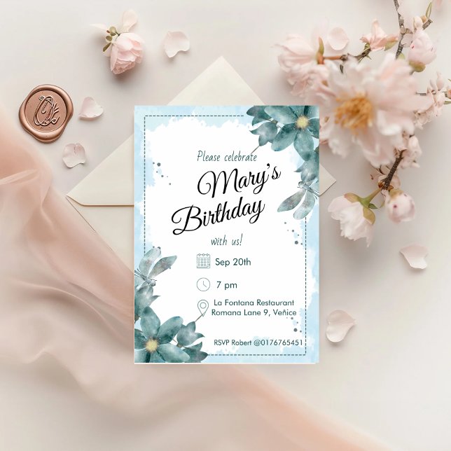 Teal Watercolour Florals Birthday Invitation (Creator Uploaded)