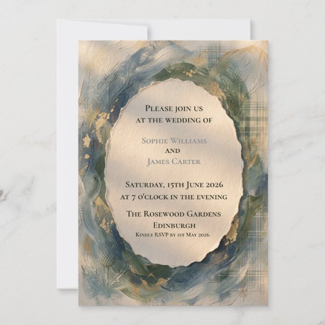Teal Wave Tartan Gold Scottish Wedding Invitation (Front)