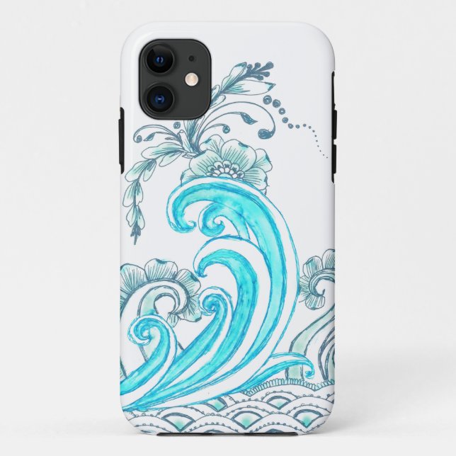 Teal Waves iPhone Case with Flowers (Back)