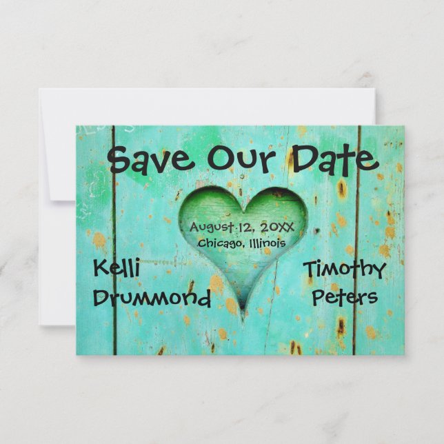 Teal Weathered Wood Heart-3x5Wedding Save the Date (Front)
