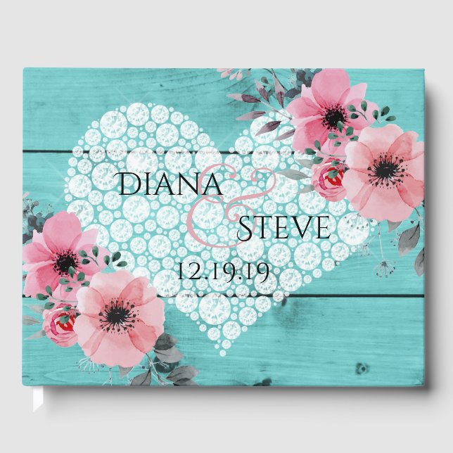 Teal Wedding Diamond Heart Rustic Wood Pink Floral Guest Book (Front)