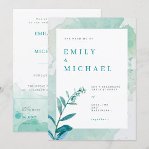 Teal Wedding Invitation Pastel Watercolor Rustic