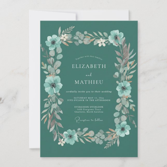Teal Whimsical Blossom Wedding Invitation (Front)