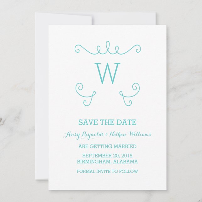 Teal Whimsical Flourish Save the Date Invite (Front)