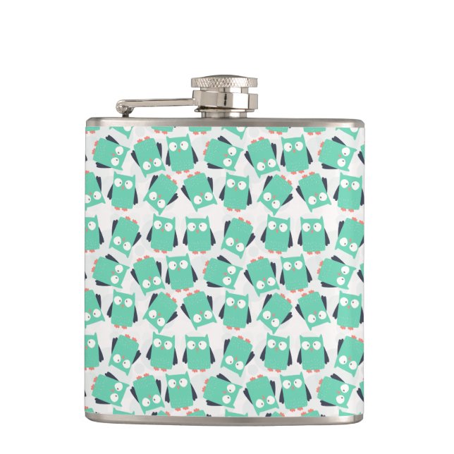 Teal Whimsical Owls Hip Flask (Front)