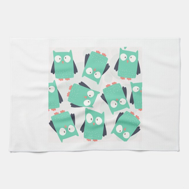 Teal Whimsical Owls Kitchen Towel (Horizontal)