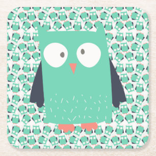 Teal Whimsical Owls Square Paper Coaster