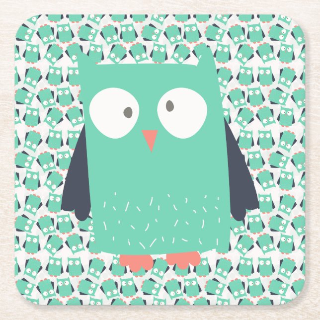 Teal Whimsical Owls Square Paper Coaster (Front)
