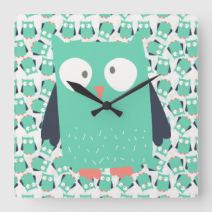 Teal Whimsical Owls Square Wall Clock