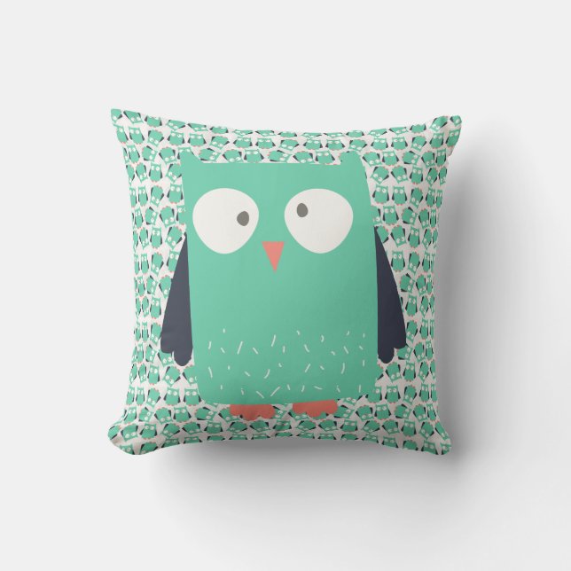 Teal Whimsical Owls Throw Pillow (Front)