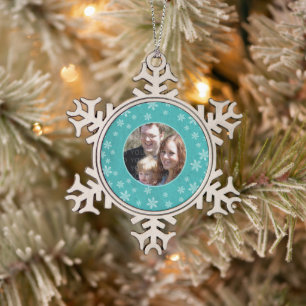 Teal Whimsical Snowflakes Photo Pewter Ornament