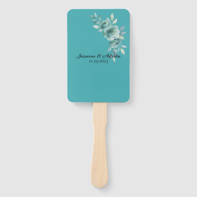 Teal Whisper Blooms Wedding Hand Fan (Front)