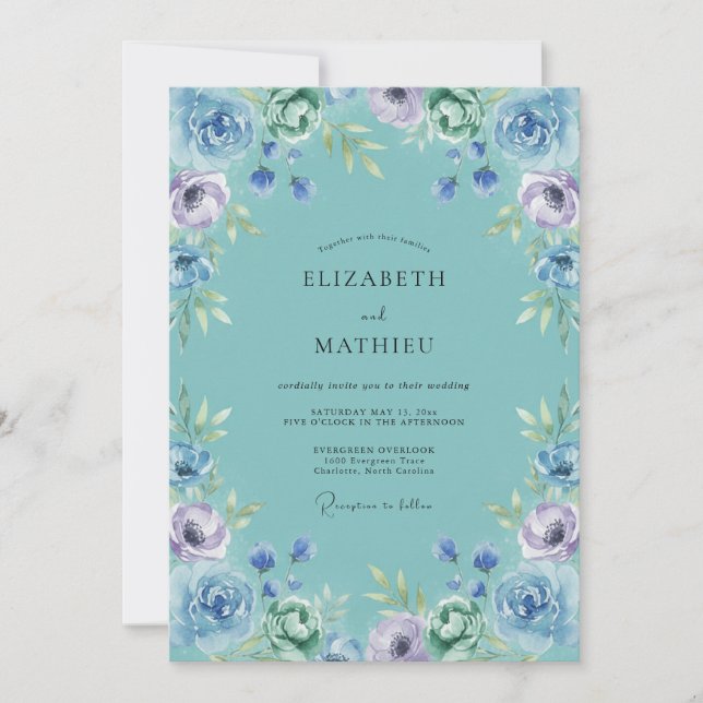 Teal Whispering Bloom Wedding Invitation (Front)