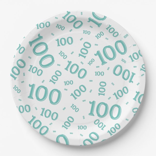 Teal/White 100th Birthday Party Number Pattern Paper Plate (Front)