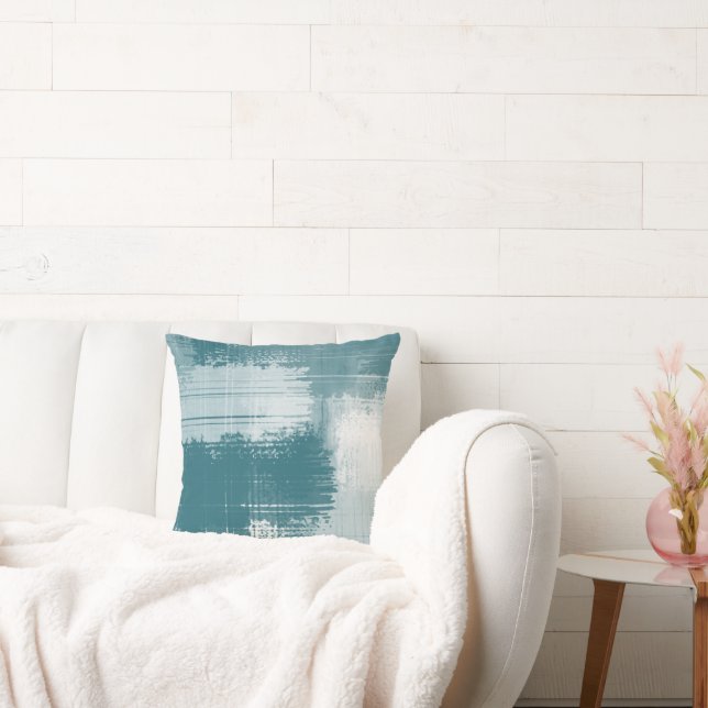 Teal White Abstract Brushstrokes  Throw Pillow (Couch)