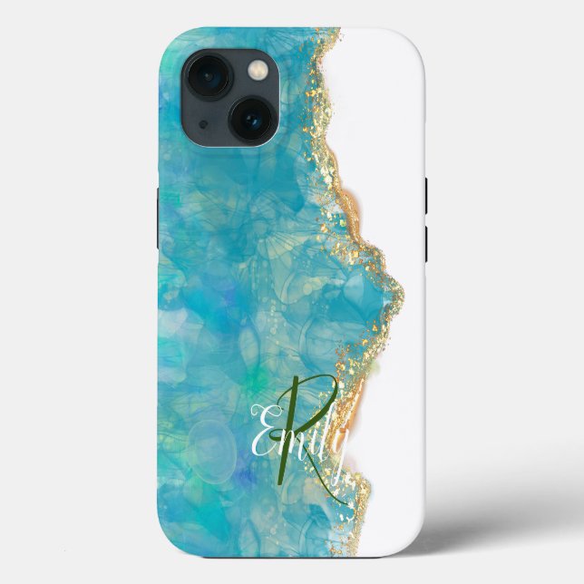 Teal & White Agate Marble Abstract Name Monogram Case-Mate iPhone Case (Back)