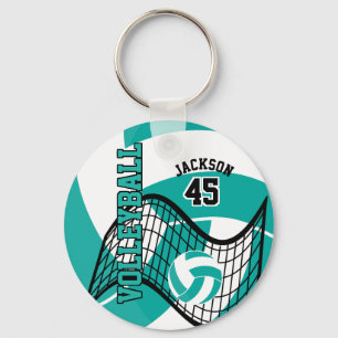 Teal, White and Black Volleyball Design Keychain