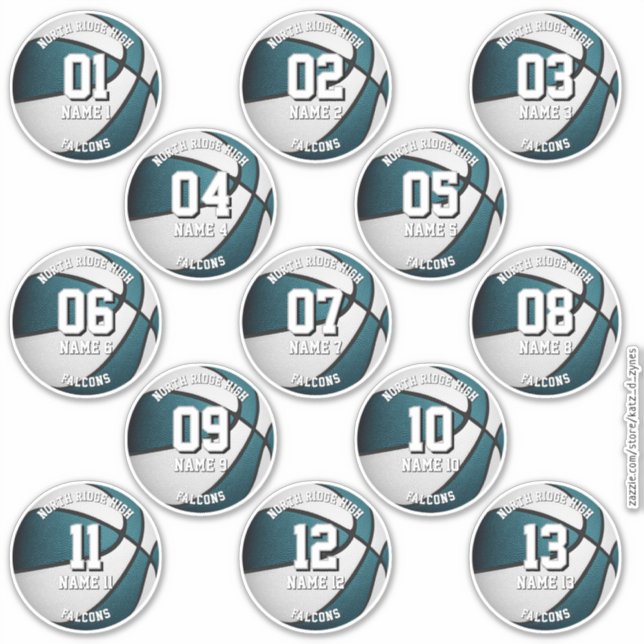 teal white basketball 13 team members names (Front)