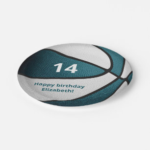 teal white basketball birthday celebration paper plate