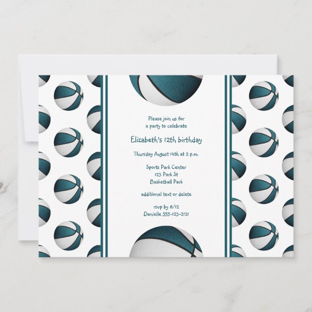 teal white basketball sports birthday team party invitation (Front)