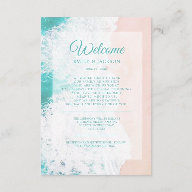 Teal White Beach Ocean Destination Wedding Welcome Enclosure Card (Front)