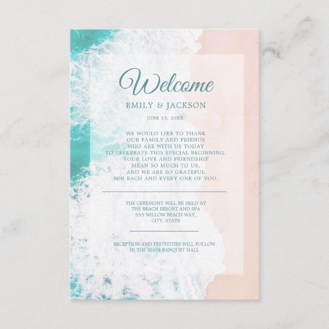 Teal White Beach Ocean Wedding Welcome Enclosure Card (Front)